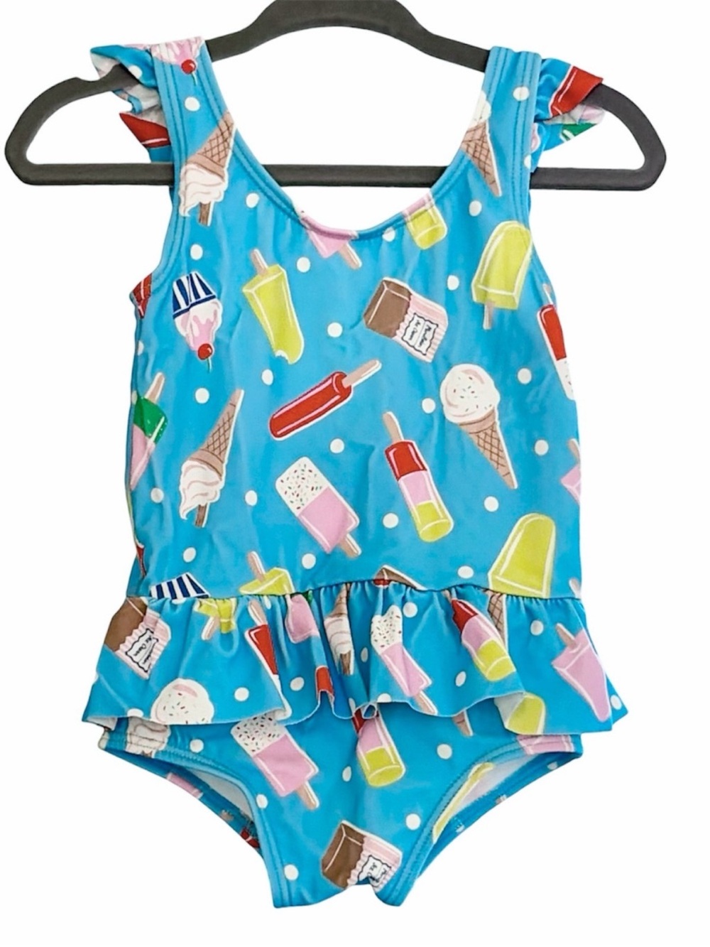 Baby Boden Ice Cream Popsicle Swimsuit Swim Suit Ruffle One Piece Blue Polka Dot